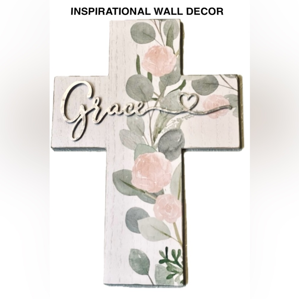 WALL DECOR “GRACE” wooden inspirational floral cross size 14x10  NWT
